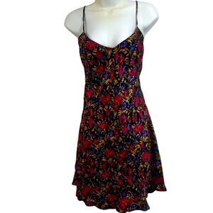 100% Silk Vintage Red & Purple Roses, Mini Length Slip Sundress, Size Medium NEW